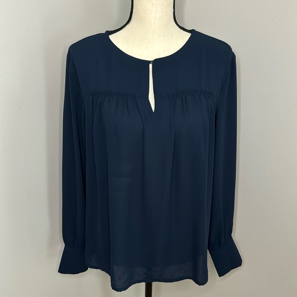 Ann Taylor Factory Tops - Ann Taylor Factory Womens Blue Solid Polyester Long Sleeve Lined Blouse Top Sz M